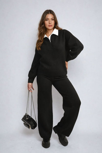 Patricia Long Sleeve Knitted Collar Top and Wide Leg Pants Co - ord Set - Pinkpie