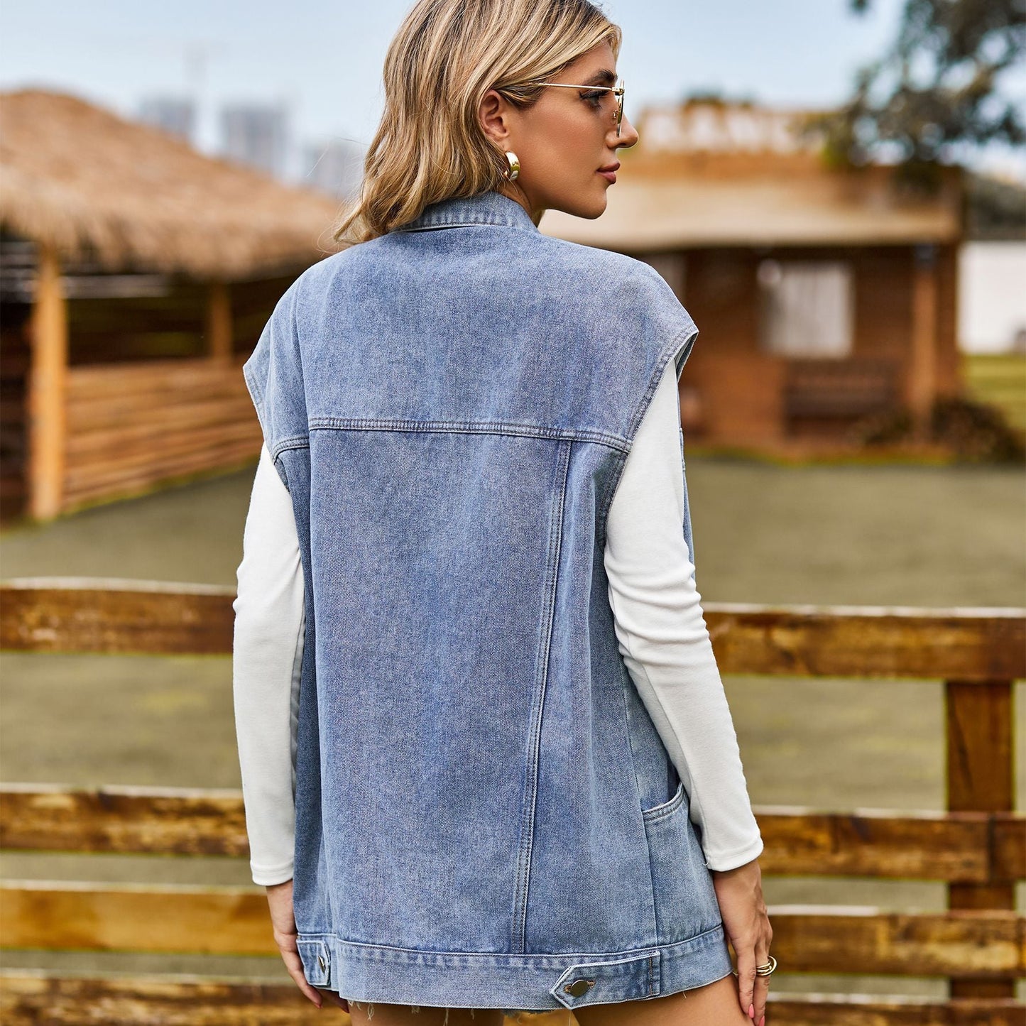 Sara Denim Look Waistcoat Jacket - Pinkpie