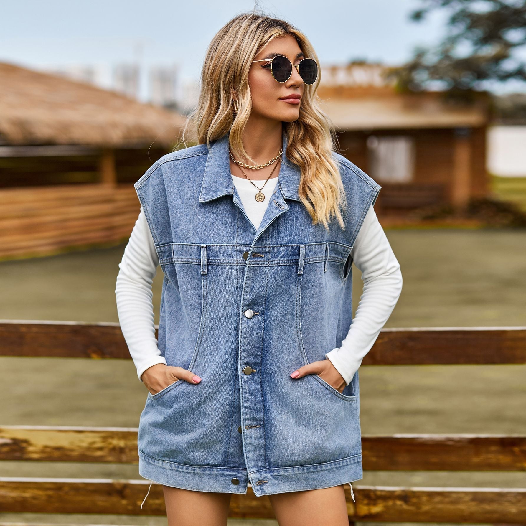 Sara Denim Look Waistcoat Jacket - Pinkpie