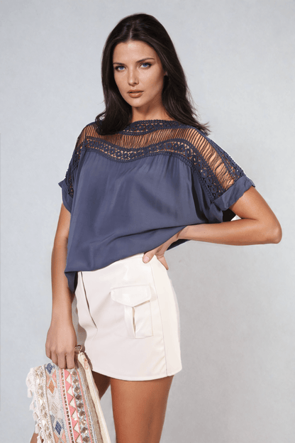 Sylvia Lace Insert Round Neck Hollow Top - Pinkpie