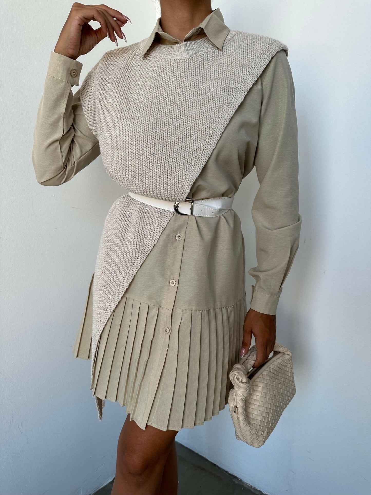 Willow Belted Shirt Dress With Cross Knitwear - Pinkpie