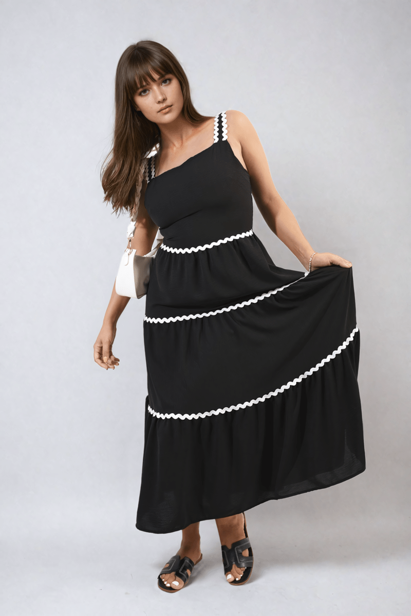 Zaylee Contrast Ric Rac Detail Multi Tiered Maxi Dress - Pinkpie