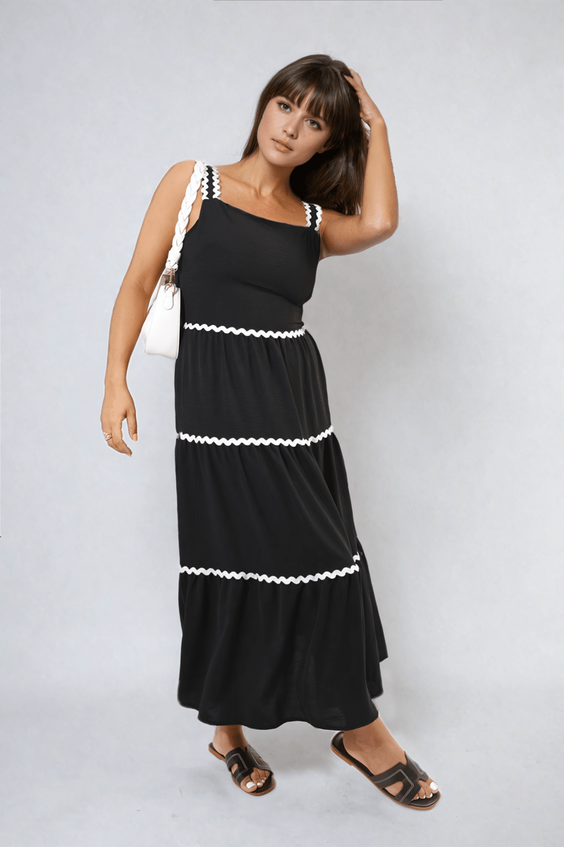 Zaylee Contrast Ric Rac Detail Multi Tiered Maxi Dress - Pinkpie